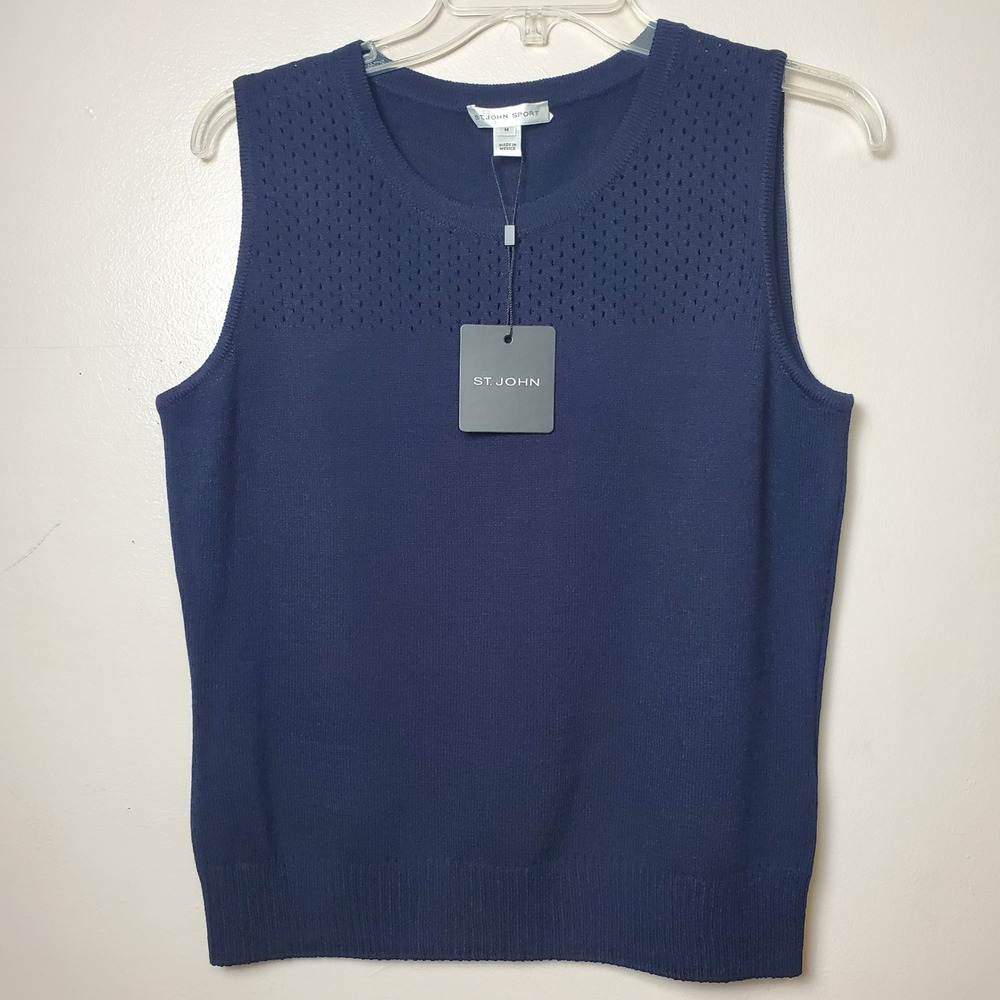 NWT St John Sport Navy Blue Pointelle Knit Sweater Vest Crewneck Mesh Yoke Wool